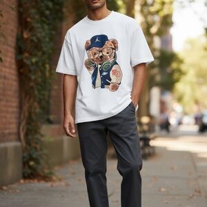Jordan Bear Graphic Cotton White Men's T-Shirt Size L Short Sleeve Crew Neck
